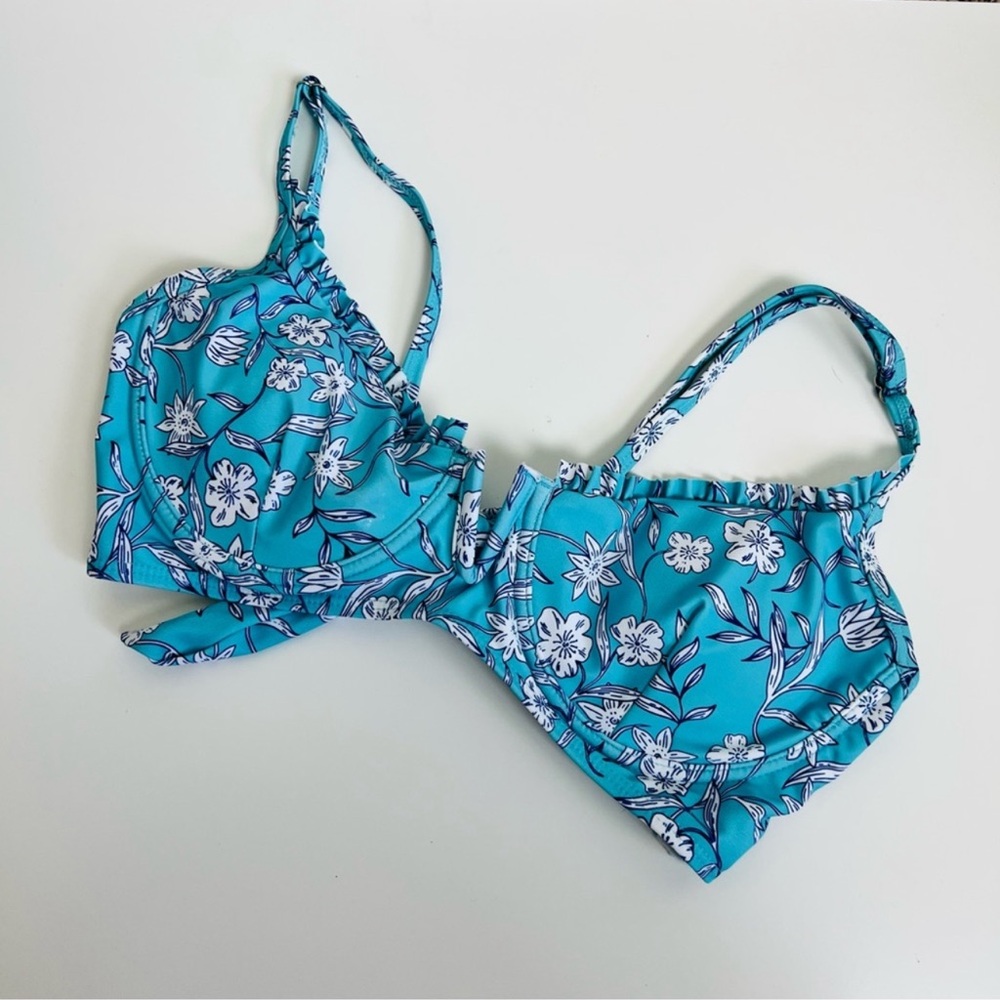 BNWOT Zaful Floral Blue Floral Ditsy Ruffle Wired Tie Top & High Leg Bikini Set - Picture 3 of 6